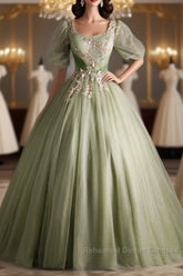 A Line Green Applique Semi Formal Prom Dress Sweet Tulle Birthday Party Dress